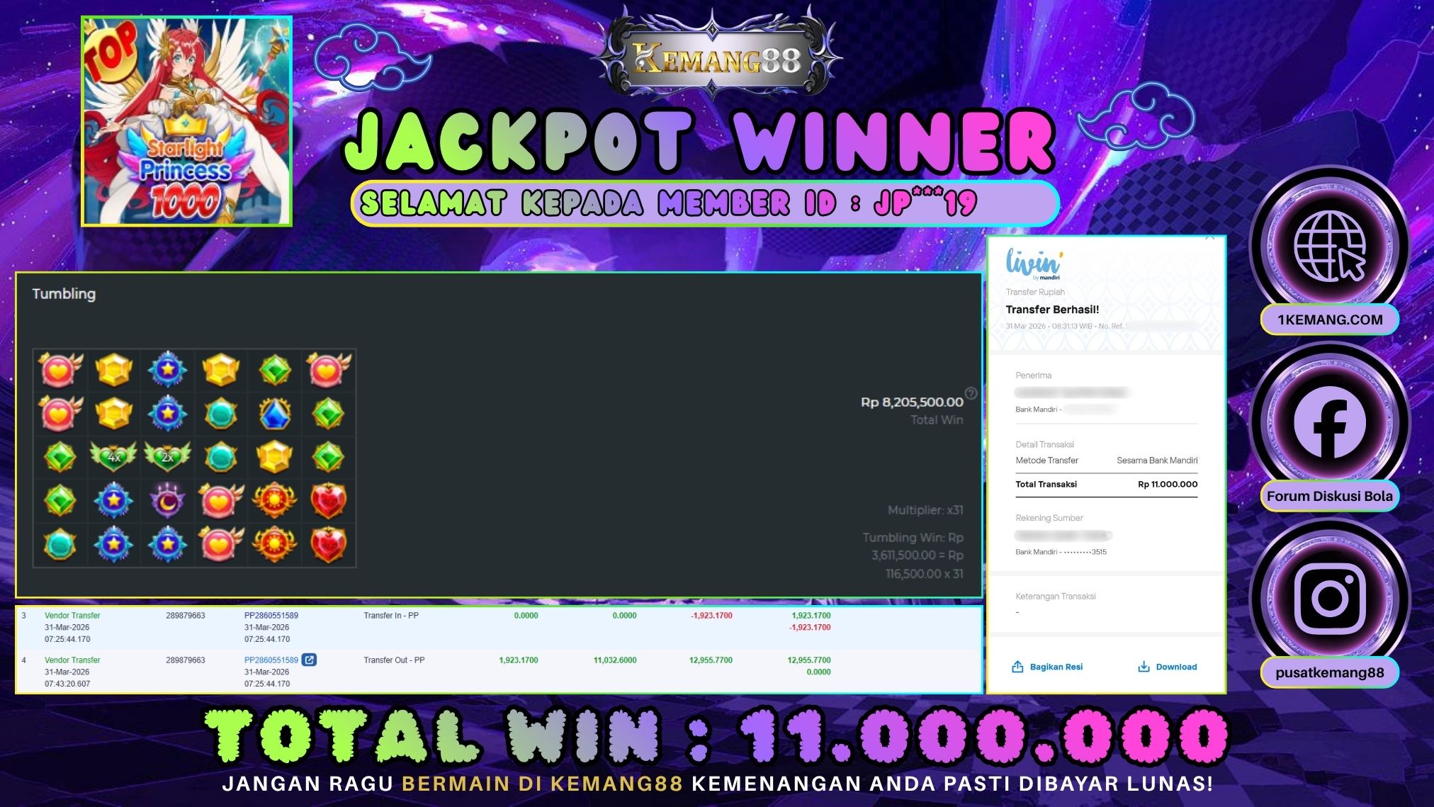 KEMANG88 [31 Maret 2026] : JACKPOT SLOT : STARLIGHT PRINCESS 1000 [PP] Rp. 11.000.000.,- LUNAS